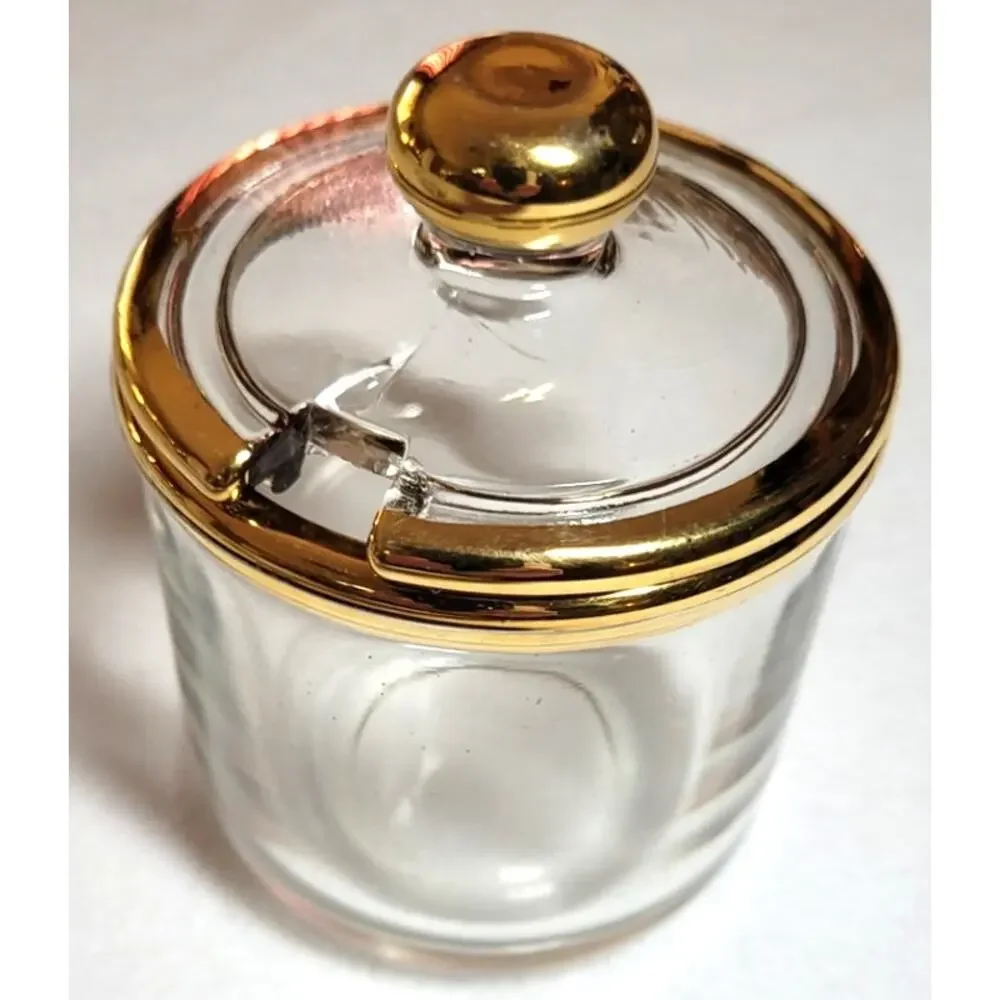 Vtg 40s 50s Jeannette Glass Gold Gilding Trim Mustard Honey Jar Lid Saucer Plate